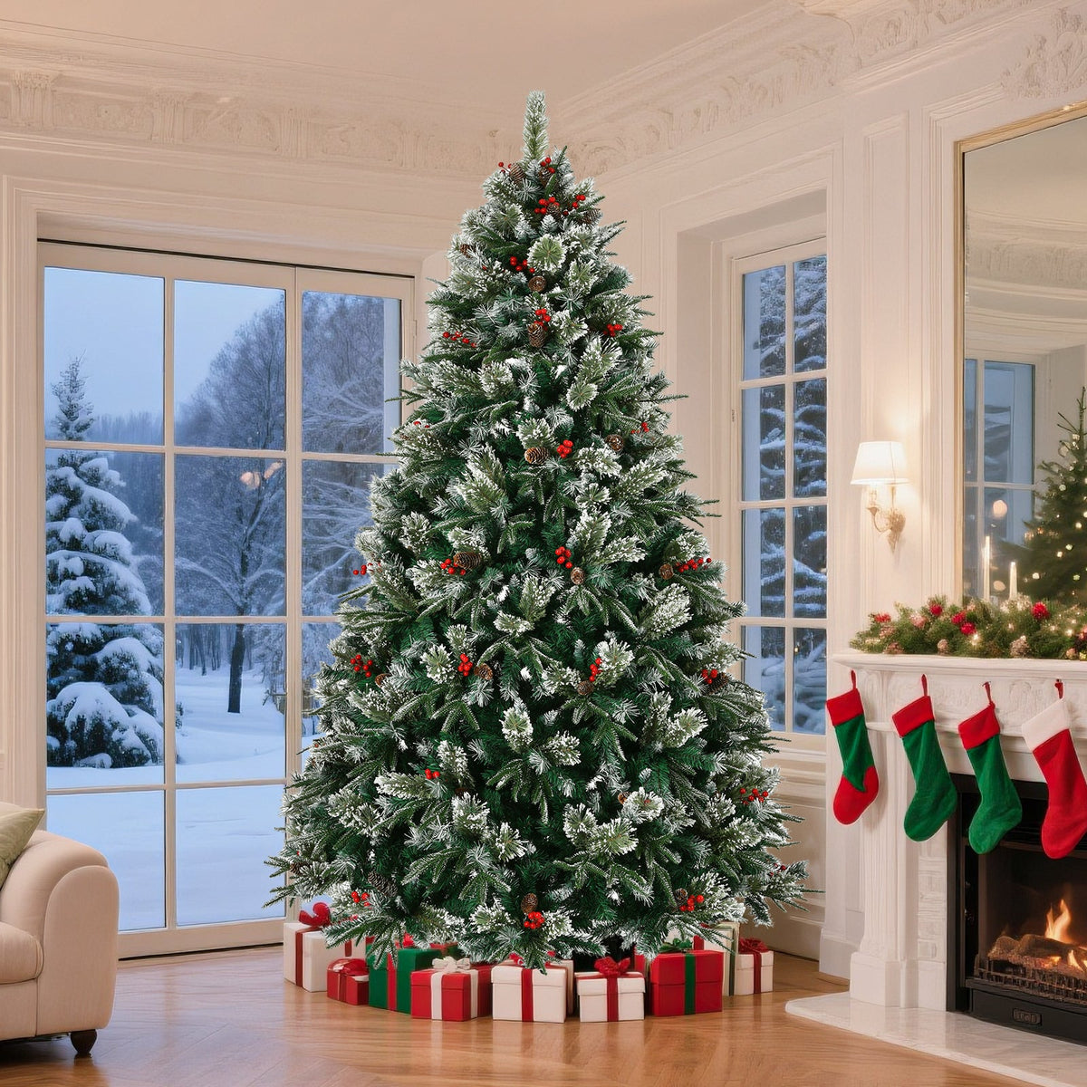 8-Foot Artificial Christmas Tree with Frosted Pine, Pinecones & Berries, Pre-Decorated