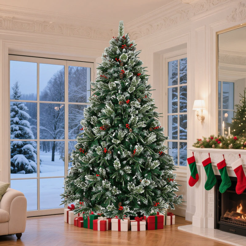 8-Foot Artificial Christmas Tree with Frosted Pine, Pinecones & Berries, Pre-Decorated