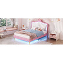 Twin Size Upholstered Bed Frame with LED Lights, Modern Upholstered Princess Bed With Crown Headboard,White+Pink
