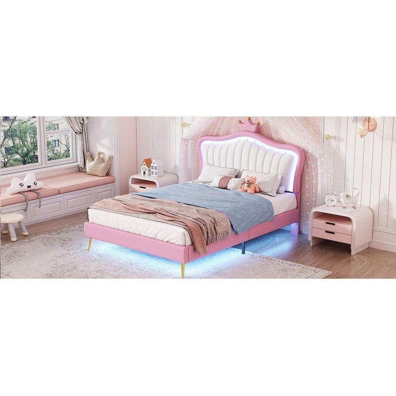 Twin Size Upholstered Bed Frame with LED Lights, Modern Upholstered Princess Bed With Crown Headboard,White+Pink