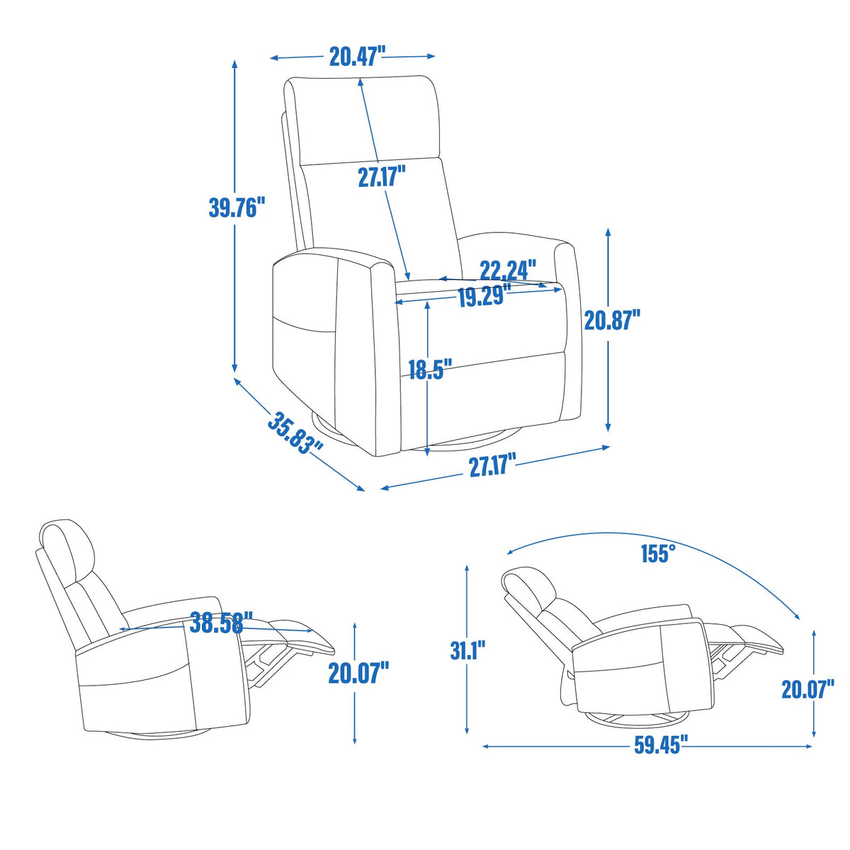 Heat Massage Manual Recliner Chair with Rocker and Swivel in Fabric, photo 3 of 10