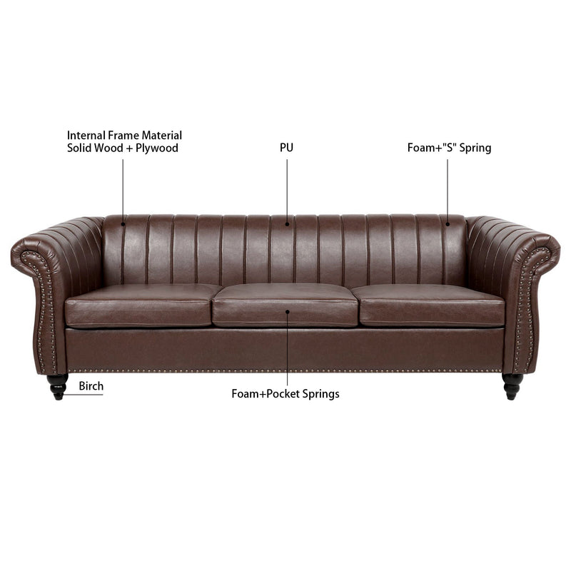 83.46" Brown PU Rolled Arm Chesterfield Three Seater Sofa.
