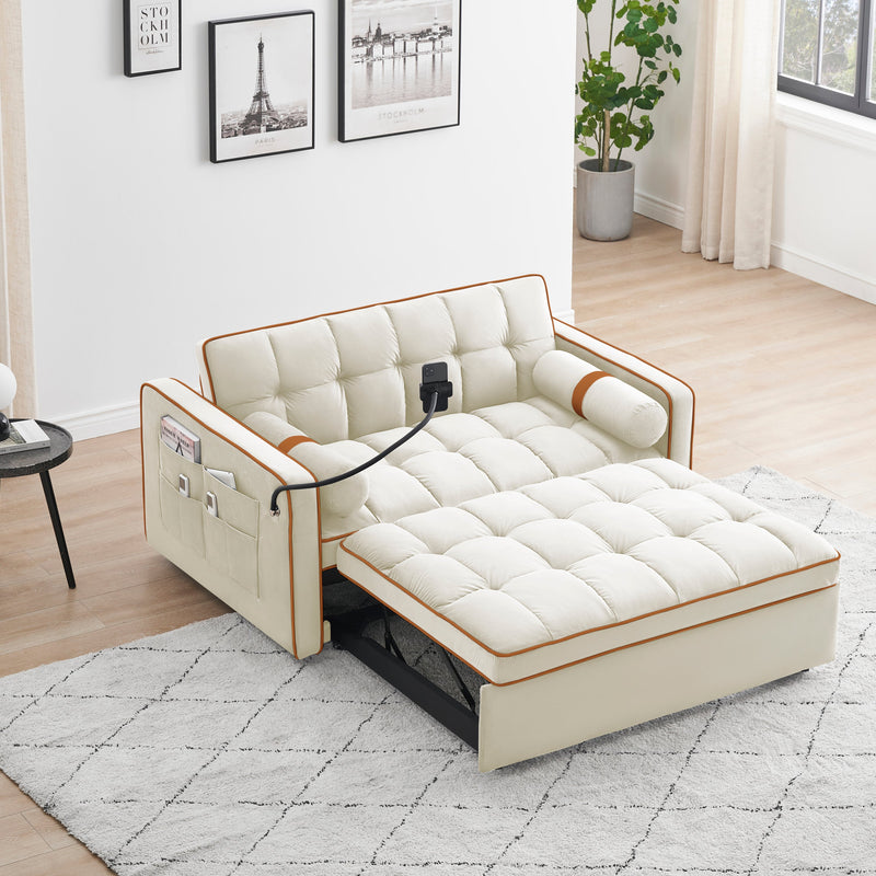 Sleeper Sofa Couch w/Pull Out Bed, 55" Modern Velvet Convertible Sleeper Sofa Bed, Small Love seat Sofa Bed w/Pillows & Side Pockets for Small Space, Living Room, Apartment,Beige