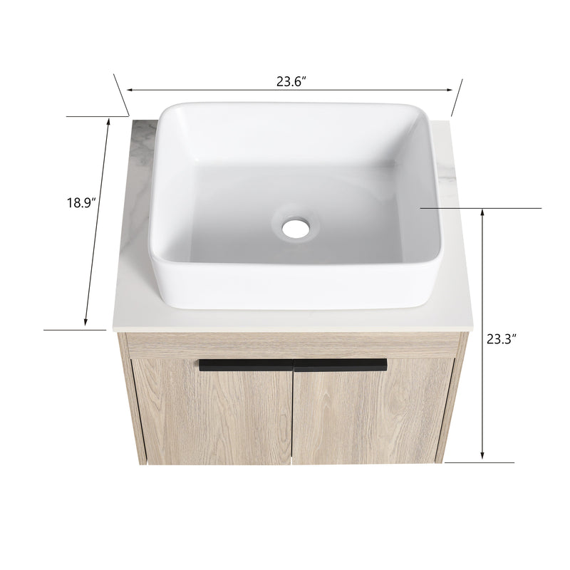 24" Modern Design Float Bathroom Vanity With Ceramic Basin Set, Wall Mounted White Oak Vanity With Soft Close Door, KD-PackingD-Packing Pieces