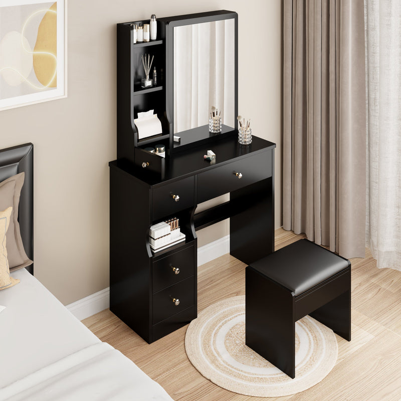 Walker Edison | Small Space Left Drawer Desktop Vanity Table + Cushioned Stool