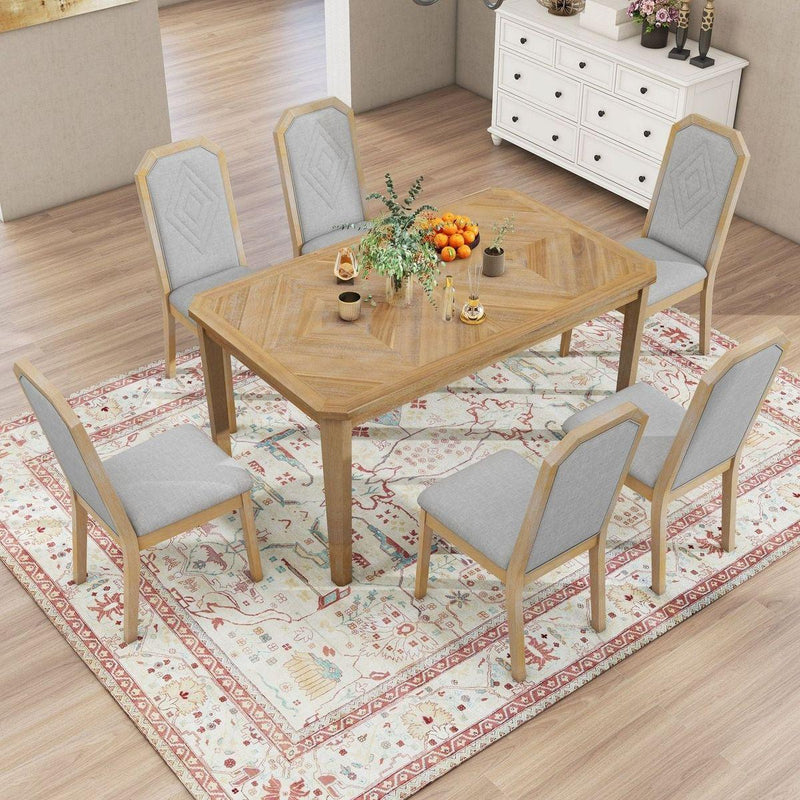 7-Piece Farmhouse Dining Set Classic Rustic Table and 6 high-back design Chairs for Dining Room, Kitchen (Natural Wood Wash)