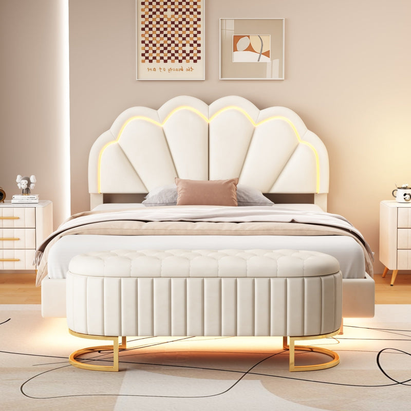 2-Pieces Bedroom Sets Full Size Upholstered LED Platform Bed with Storage Ottoman-Velvet, Beige