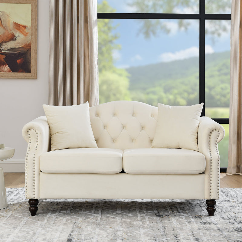 57" Chesterfield Sofa Grey Velvet for Living Room, 2 Seater Sofa Tufted Couch with Rolled Arms and Nailhead for Living Room, Bedroom, Office, Apartment, two pillows