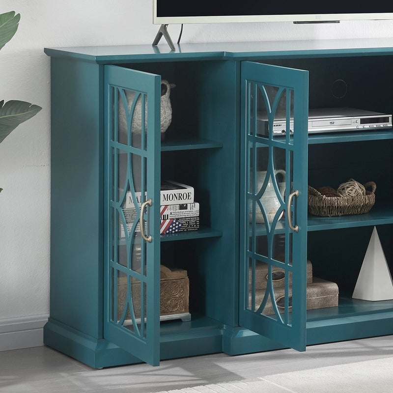 63" TV Stand, Storage Buffet Cabinet, Sideboard with Glass Door and Adjustable Shelves, Console Table for Dining Living Room Cupboard, Teal Blue