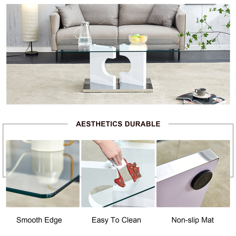 A rectangular modern and fashionable coffee table with tempered glass tabletop and white MDF legs. Suitable for living room.47.2"x25.5"x18"
