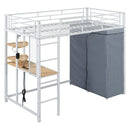 Loft Bed With Desk, Shelves, Power Outlet, LED Light And Wardrobe