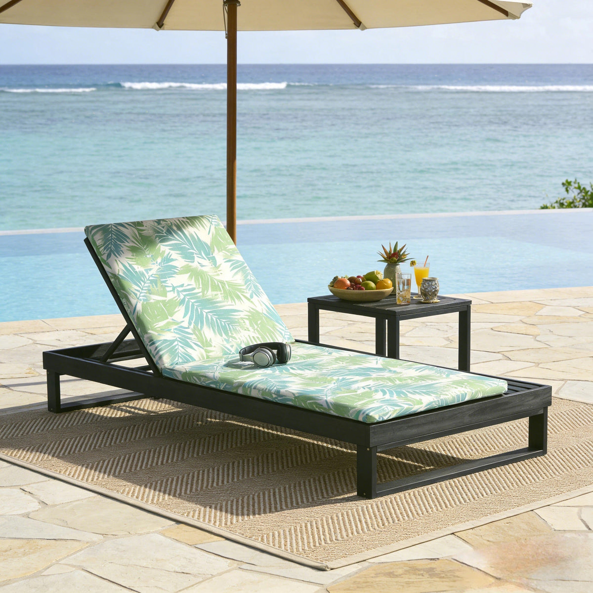 Black Acacia Wood Chaise Lounge with Leaf Coconut Cushion, photo 5 of 10