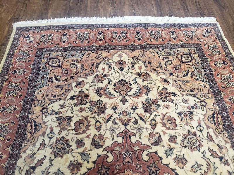 4x6 Handmade Top Quality Pakistani Floral Wool Rug Veg Dyes Carpet Beige Salmon