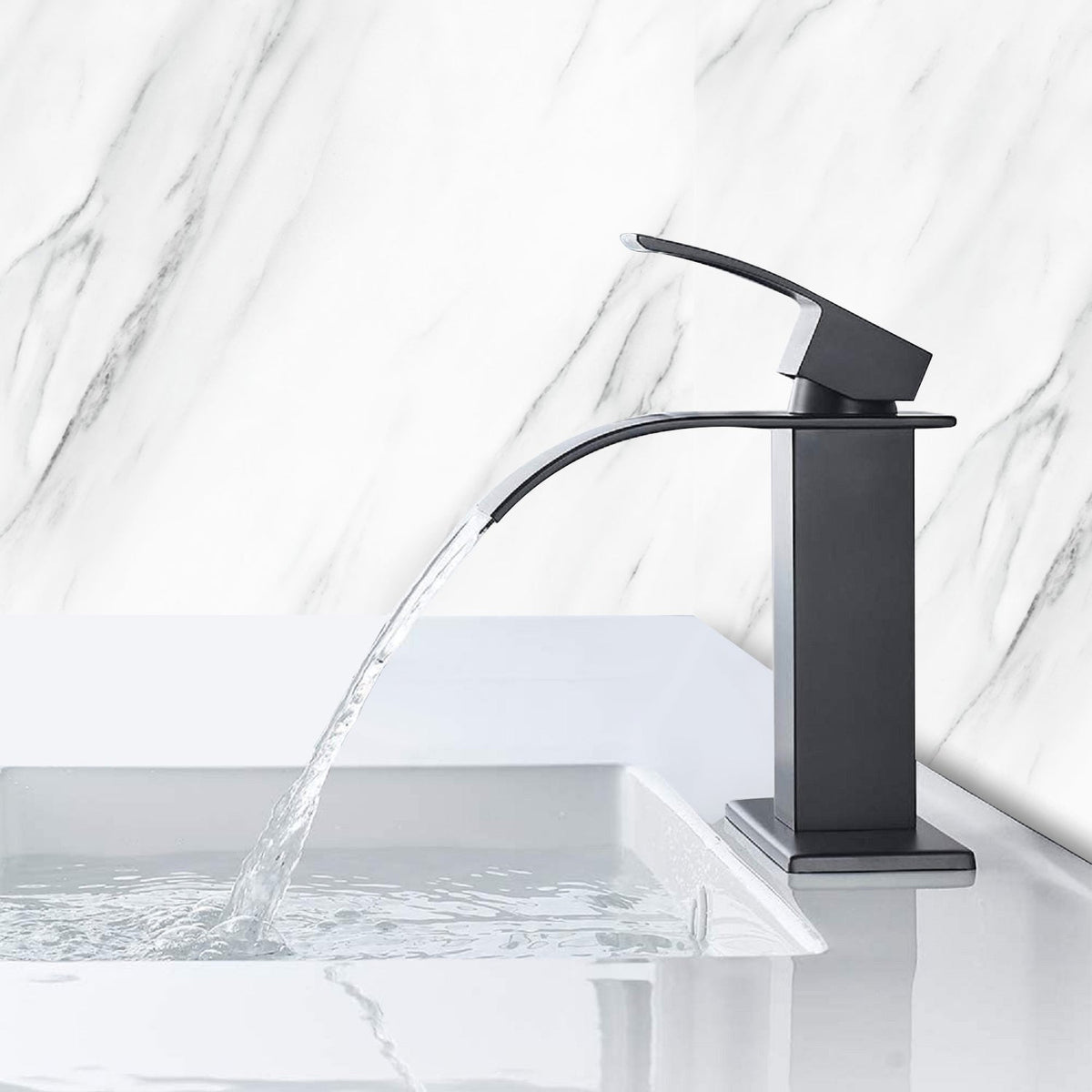 Waterfall Spout Bathroom Sink Single Handle Faucet with Pop-Up Drain, photo 4 of 10