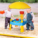 2-in-1 Covered Sandbox Table with Umbrella for Outdoors and Indoors, 25-Piece Sand and Water Table for Toddlers, Little Kids Toys