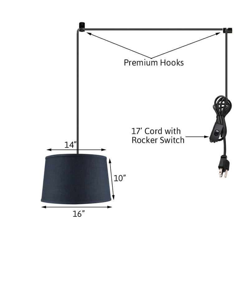 16"W 1 Light Swag Plug-In Pendant  Shallow Drum Textured Slate Blue Shade Black Cord