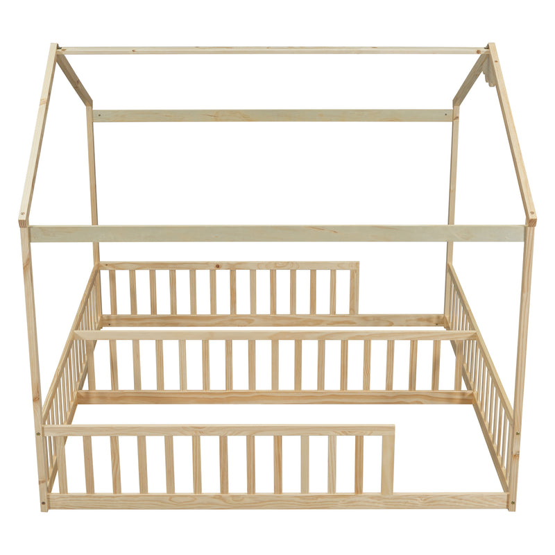 Double Twin House-Style Floor Bed with Fence, Guardrails, without door, Natural(Old Sku:W504P143318)
