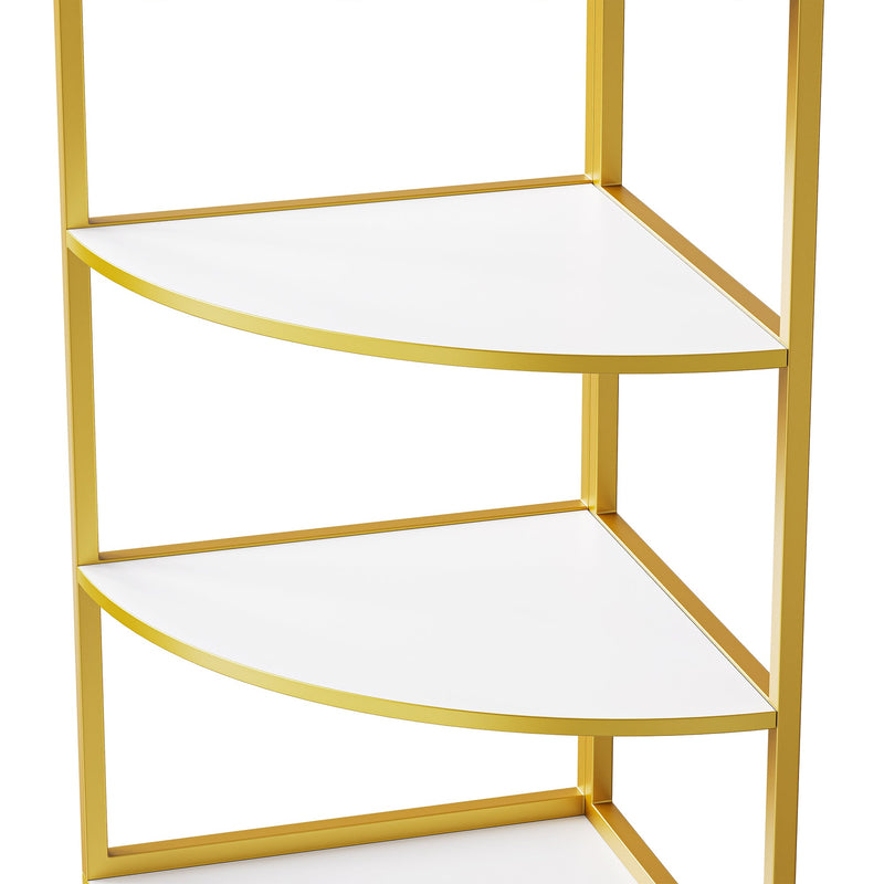 74.8" Tall Modern Corner Bookshelf,Fan-Shaped bookcase with 1 Drawer and 2 Doors, Wooden Standing Corner Shelf with Gold Metal Frame for Living Room,Home Office,White