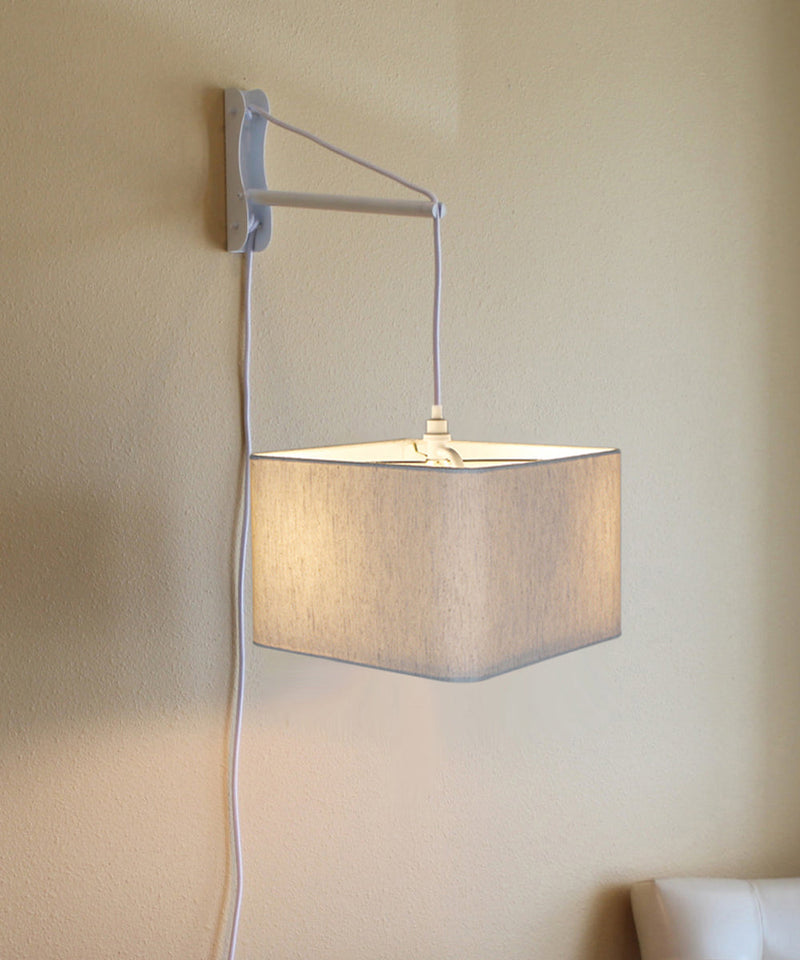 MAST Plug-In Wall Mount Pendant, 2 Light White Cord/Arm with Diffuser, Rounded Corner Square Oatmeal Drum Shade 16"W