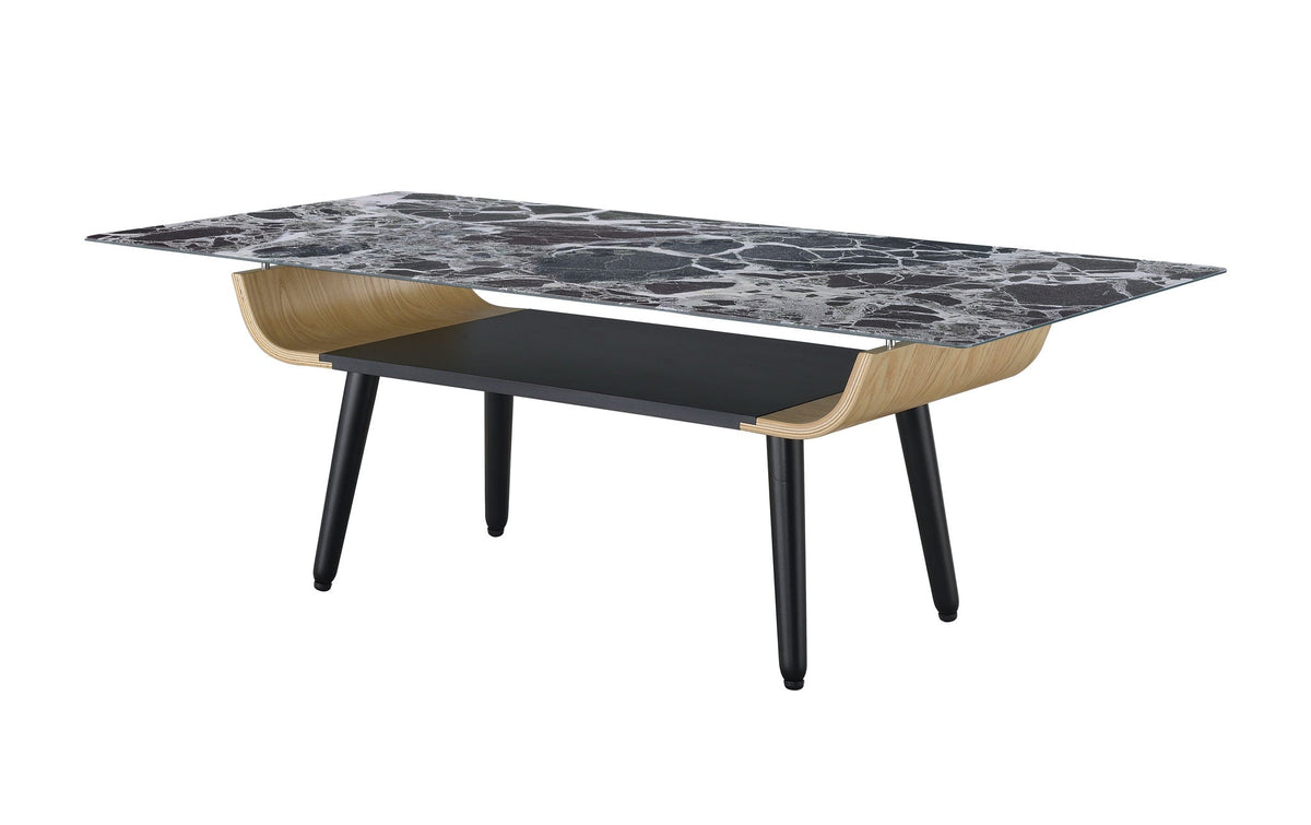 Landon - Coffee Table With Glass Marble Texture Top And Bent Wood Design, photo 10 of 15