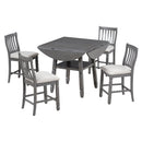 5-Piece Counter Height Dining Table Set in 2 Table Sizes with 4 Folding Leaves and 4 Upholstered Chairs for Dining Room (Gray+Beige Cushion)
