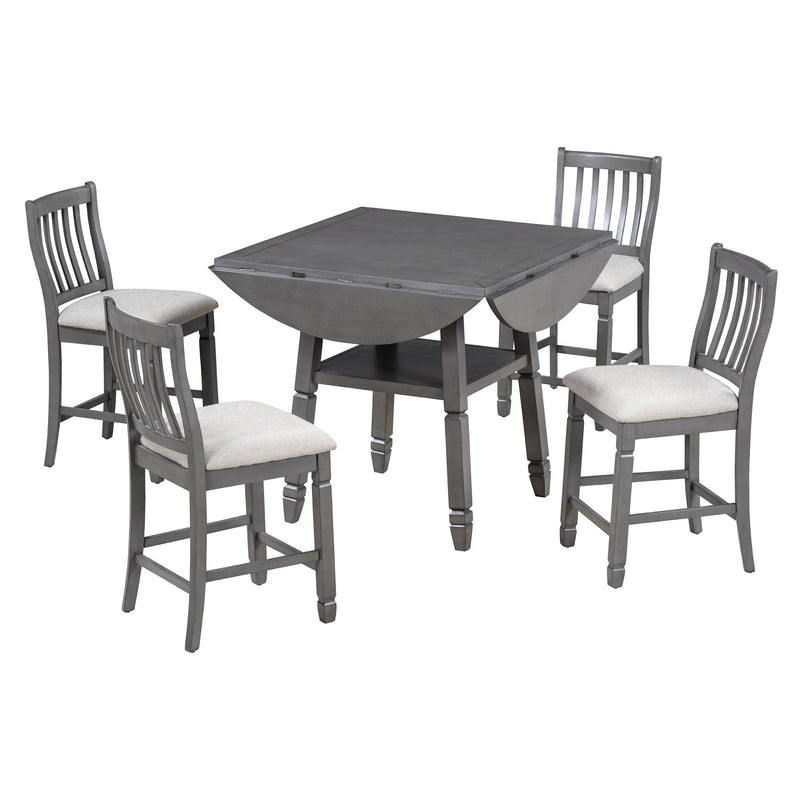 5-Piece Counter Height Dining Table Set in 2 Table Sizes with 4 Folding Leaves and 4 Upholstered Chairs for Dining Room (Gray+Beige Cushion)