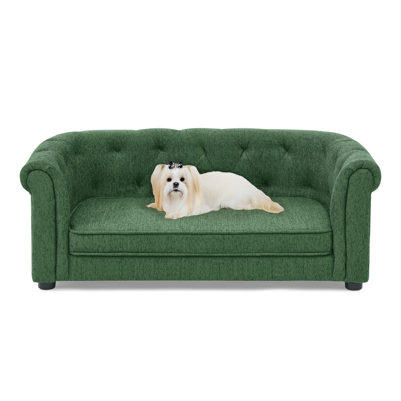 Contemporary Pet Sofa with Arc-Shaped Backrest and Armrests, Breathable Linen, Soft Cushion, Green, 38'x22'x15'