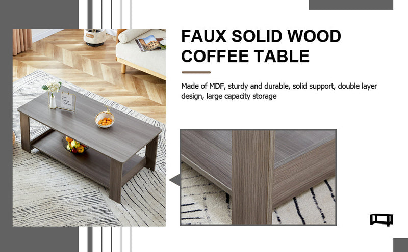 A modern and practical gray textured coffee table,tea table.Double layered coffee table made of MDF material,. Suitable for living room,bedroom and study room. 43.3"x21.6"x16.5" CT-16