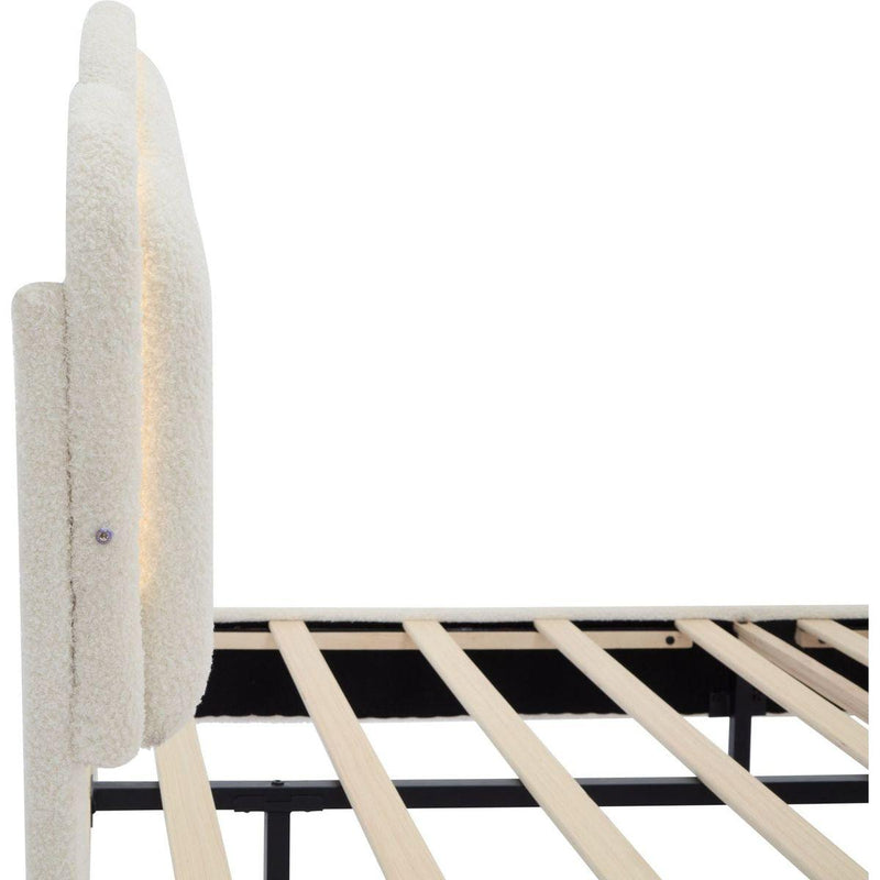 2-Pieces Bedroom Sets Full Size Flower-Shaped Upholstered LED Platform Bed with Storage Ottoman-Sherpa Fabric, White