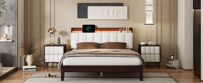 3-Pieces Bedroom Sets,Queen Size Wood Platform Bed and Two Nightstands,Storage Platform bed with USB and LED Lights-Walnut+Beige
