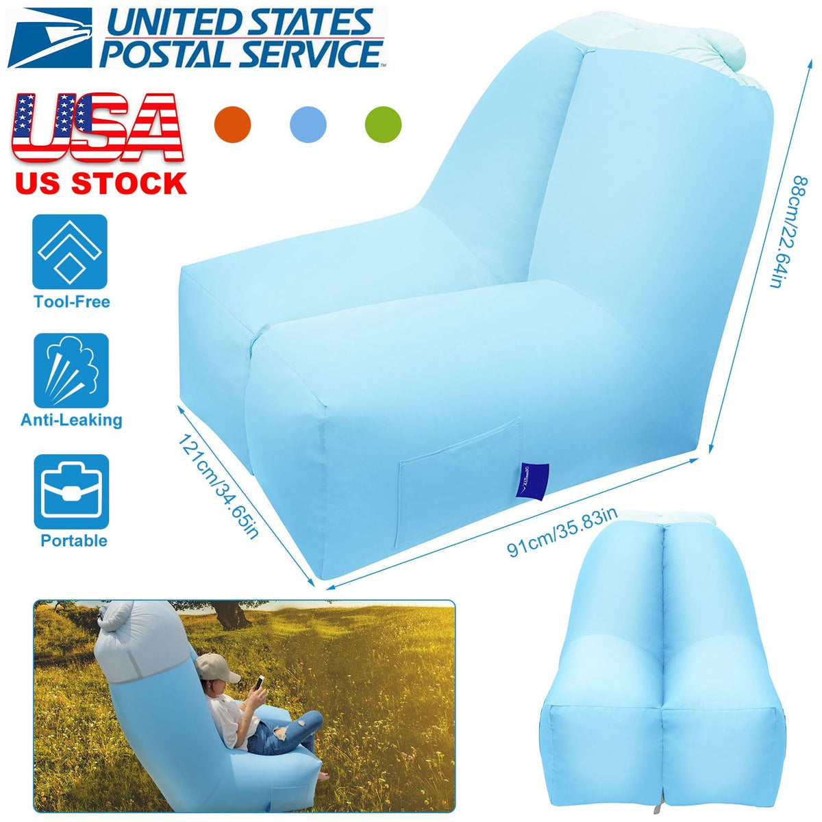 Inflatable Lounger Air Sofa Chair Couch w/ Portable Organizing Bag Waterproof Anti-Leaking for Backyard Lakeside Beach Traveling Camping Picnics, photo 3 of 8