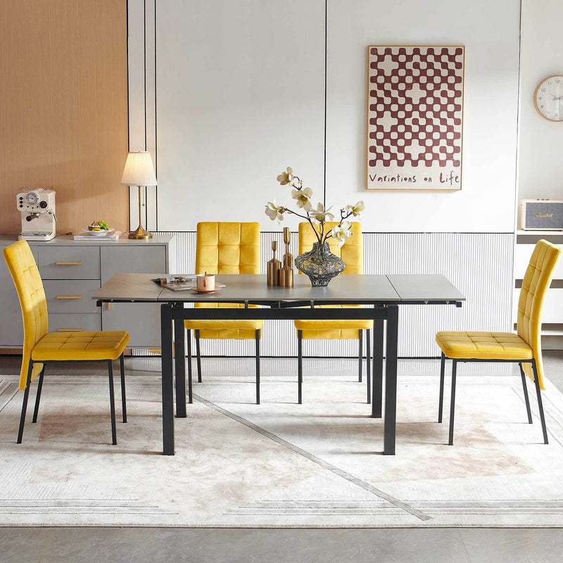 5-Pieces Functional Retractable Ceramic Table Dining Table Dining Set Including Yellow Velvet High Back Black Color Legs for Living Room,Dining Room,Kitchen