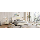 Queen Size Upholstered Platform Bed with 2 Drawers and 1 Trundle, Classic Metal Strip Headboard Design, Beige