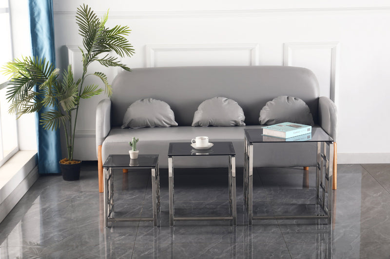 3 Pieces Silver Square Nesting Glass End Tables- Small Coffee Table Set- Stainless Steel End Tables with Dark Gray Tempered Glass- 18" Modern Minimalist Small Coffee Tables for Living Room