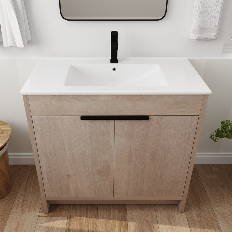 Walker Edison - 36 Inch Freestanding Bathroom Vanity with White Ceramic Sink & 2 Soft-Close Cabinet Doors