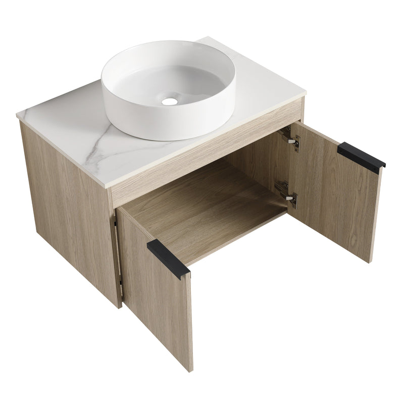 30" Modern Design Float Bathroom Vanity With Ceramic Basin Set, Wall Mounted White Oak Vanity With Soft Close Door, KD-PackingD-Packing Pieces