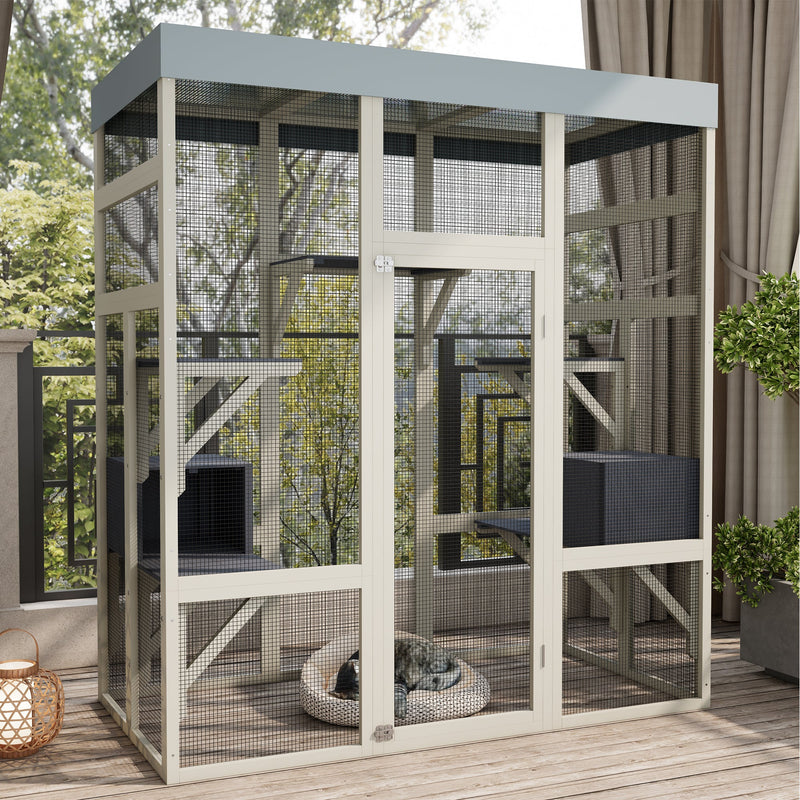62.6' Gray Wooden Catio Outdoor Pet Enclosure with Waterproof Top, Spacious and Secure Cat House & Small Animal Cage, Black Rust-proof Metal Wire