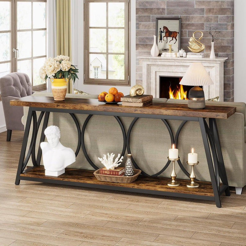 Extra Long Console Table With 2 Tier Storage Shelves For Living Entryway - Brown / Black, photo 4 of 4