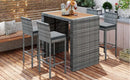 5-piece Outdoor Patio Wicker Bar Set, Bar Height Chairs With Non-Slip Feet And Fixed Rope, Removable Cushion, Acacia Wood Table Top, Brown Wood And Gray Wicker by Montret
