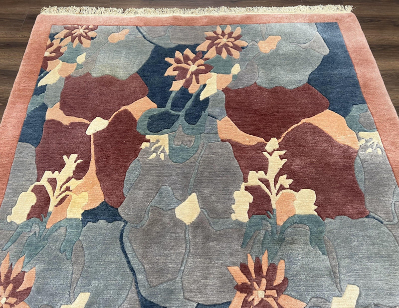 Modern Tibetan Rug 5.7 x 7.9, Abstract Multicolor Flower Pattern, Navy Blue Maroon Salmon, Soft Wool, Hand Knotted Contemporary Carpet 6x8