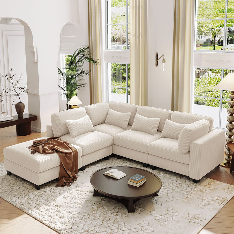 5 Pieces L shaped Sofa with Removable Ottomans and comfortable waist pillows