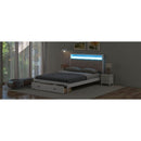 Wood Queen Size Platform Bed with Upholstered Headboard and LED and 2 Drawers, Antique White