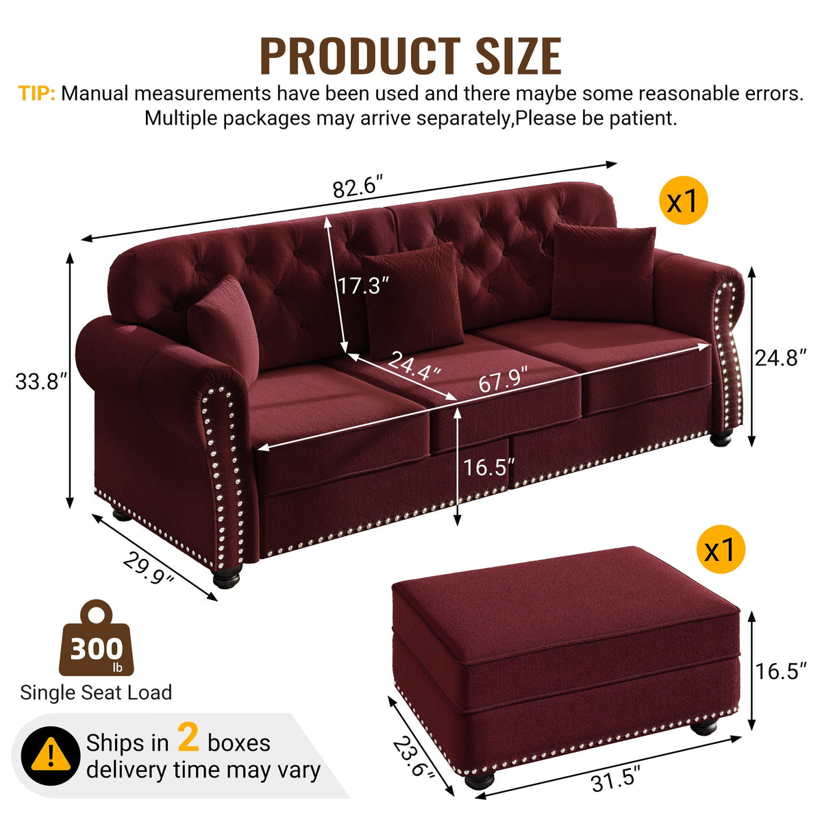 Upholstered 3 Seater Sofa Set With Ottoman, photo 33 of 39