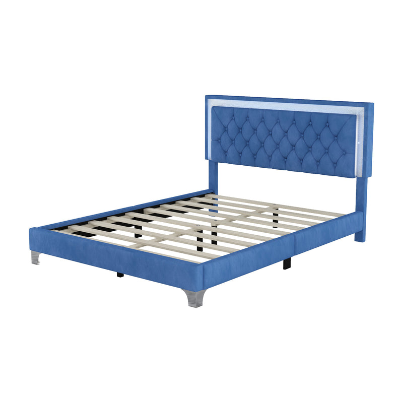 3-Pieces Bedroom Sets,Queen Size Upholstered Platform Bed with LED Lights and Two Nightstands-Blue