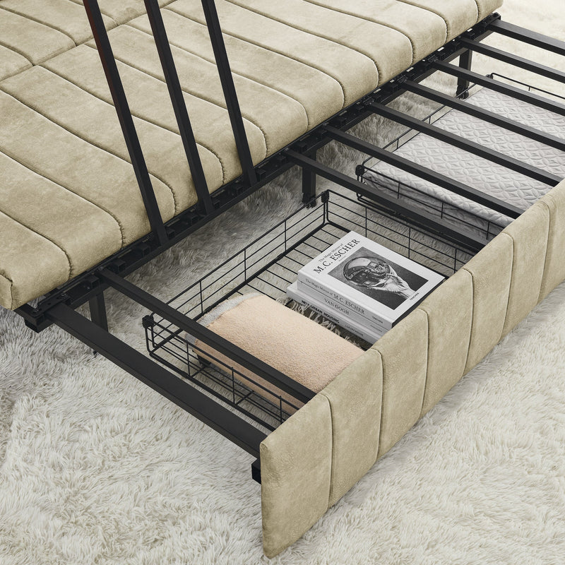 3 in 1 Pull-Out Bed Sleeper, Modern Upholstered 3 Seats Lounge Sofa & Couches with Rolled Arms Decorated with Copper Nails, Convertible Futon 3 Seats Sofabed with Two Drawers and Two Pillows