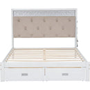 Wood Queen Size Platform Bed with Upholstered Headboard and LED and 2 Drawers, Antique White