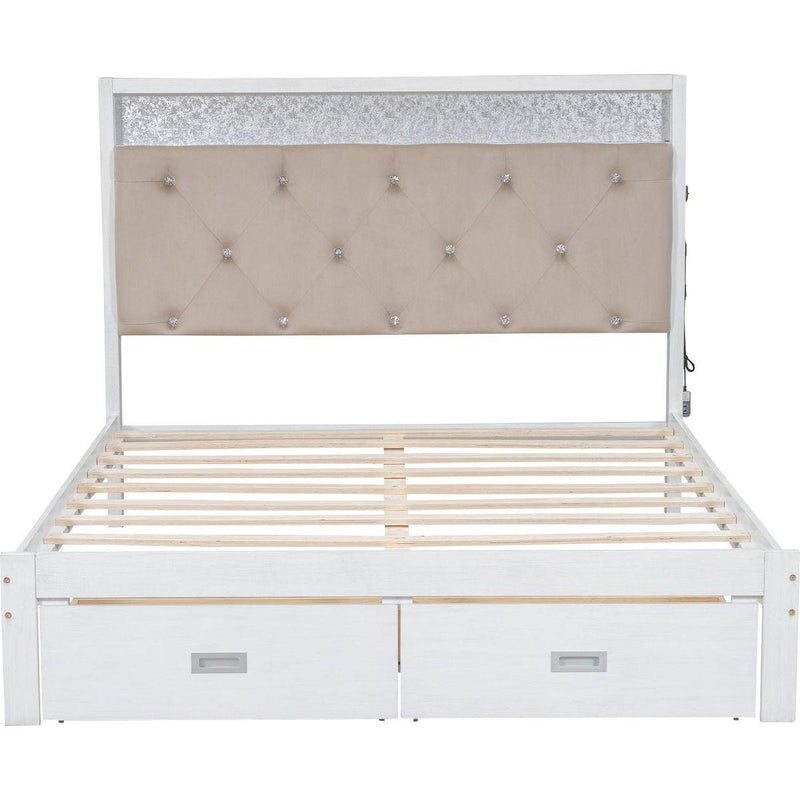Wood Queen Size Platform Bed with Upholstered Headboard and LED and 2 Drawers, Antique White