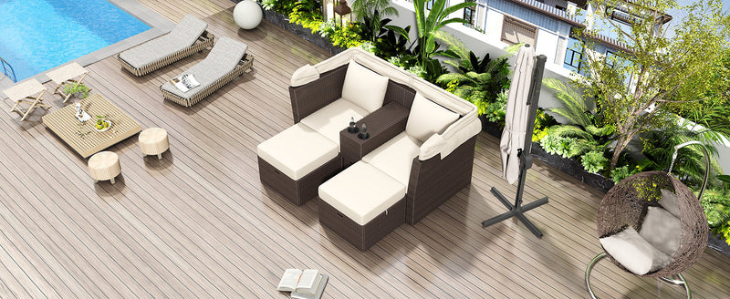 2-Seater Outdoor Patio Daybed Outdoor Double Daybed Outdoor Loveseat Sofa Set with Foldable Awning and Cushions for Garden, Balcony, Poolside, Beige