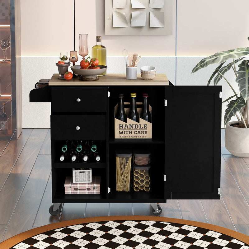 Kitchen Cart with Spice Rack, Towel Rack & Two Drawers, Rubber wood top, Kitchen Island with 4 Wheels for Dining Rooms Kitchens Living Rooms, Black