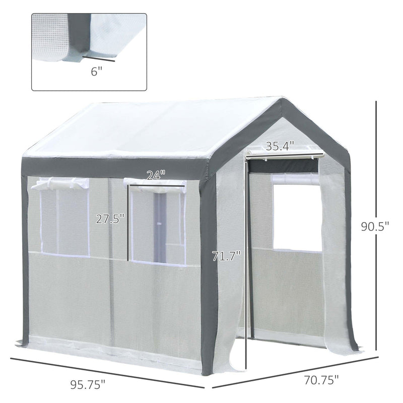8' x 6' x 7' Walk-In Greenhouse, Outdoor Garden Warm Hot House with 4 Roll-up Windows, 2 Zippered Doors and Weather Cover, White